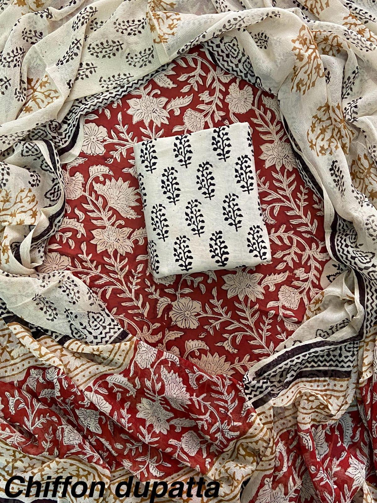 JAAL HAND BLOCK PRINT COTTON SUIT SET WITH CHIFFON DUPATTA