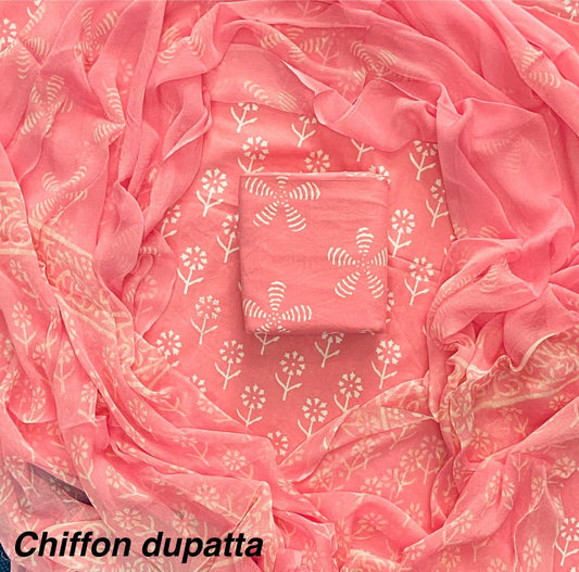 JAAL HAND BLOCK PRINT COTTON SUIT SET WITH CHIFFON DUPATTA