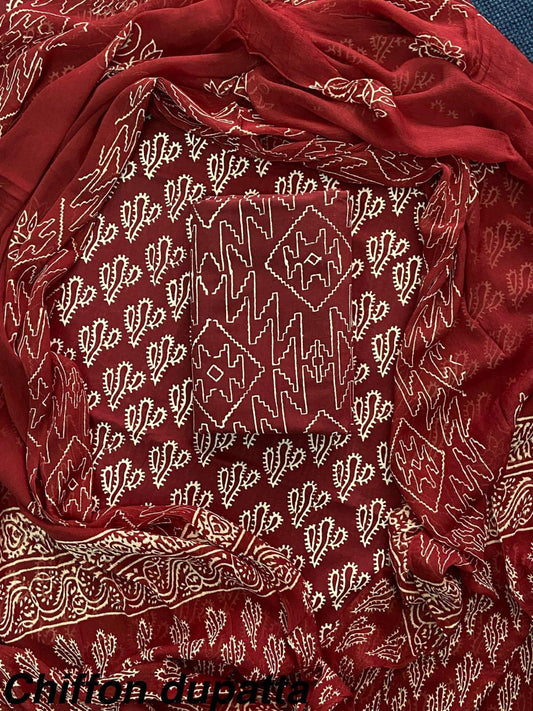 JAAL HAND BLOCK PRINT COTTON SUIT SET WITH CHIFFON DUPATTA
