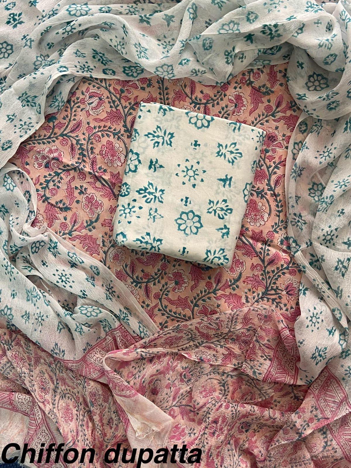 JAAL HAND BLOCK PRINT COTTON SUIT SET WITH CHIFFON DUPATTA