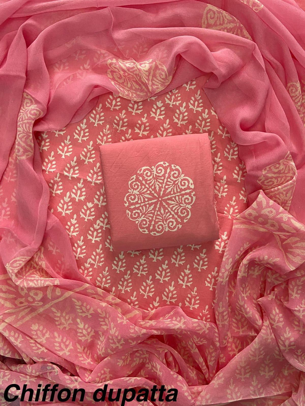 JAAL HAND BLOCK PRINT COTTON SUIT SET WITH CHIFFON DUPATTA