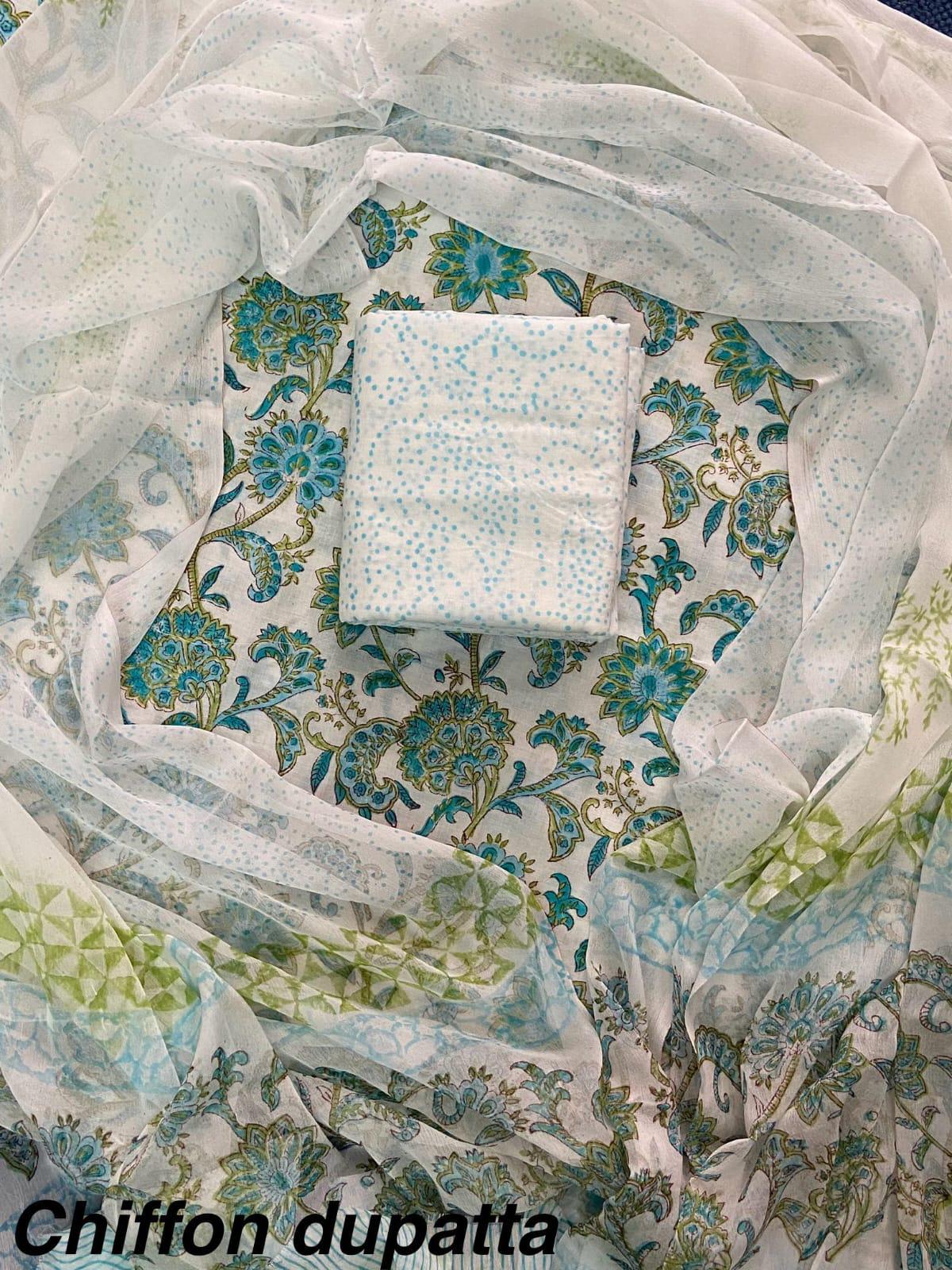 JAAL HAND BLOCK PRINT COTTON SUIT SET WITH CHIFFON DUPATTA