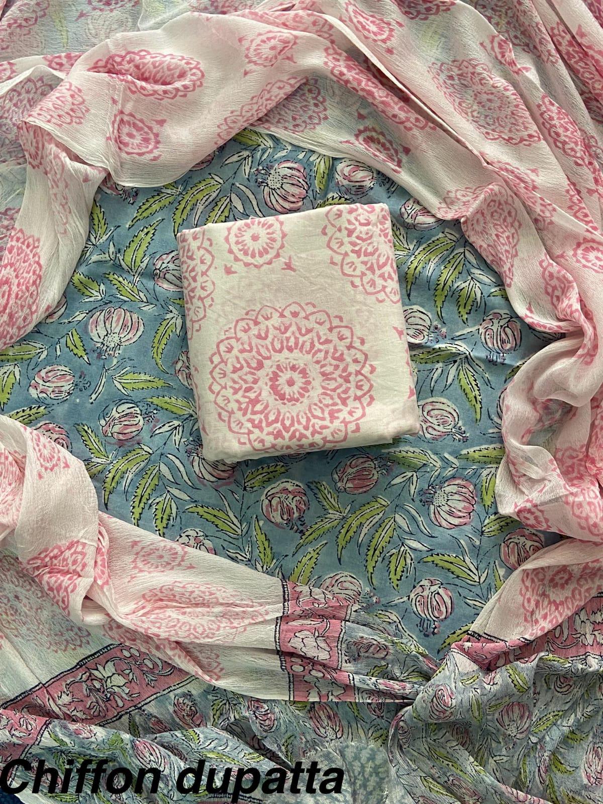 JAAL HAND BLOCK PRINT COTTON SUIT SET WITH CHIFFON DUPATTA
