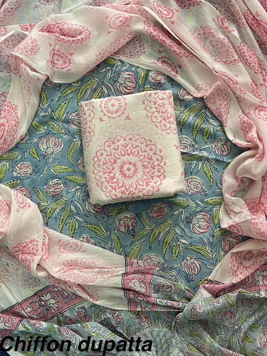 JAAL HAND BLOCK PRINT COTTON SUIT SET WITH CHIFFON DUPATTA