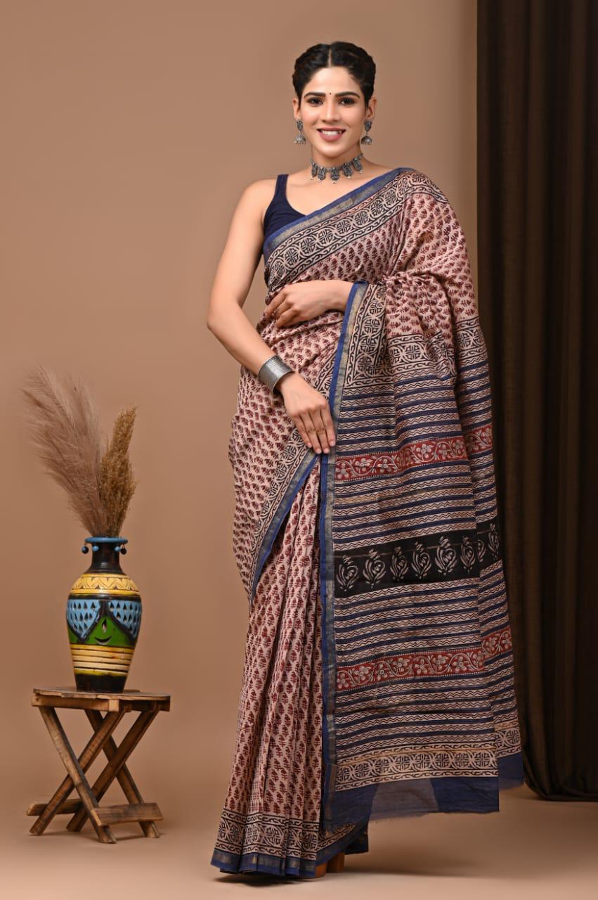 Premium Hand Block Printed Chanderi Silk Saree