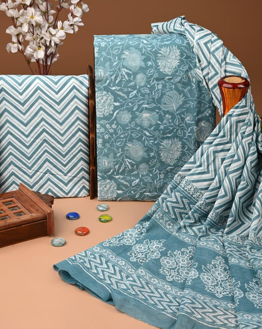 HAND BLOCK PRINT COTTON SUIT SET WITH MULMUL DUPATTA(SWCOTMU09)