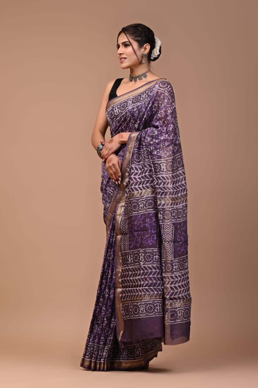 Exclusive Hand Block Printed Maheshwari Silk Saree (SWSRMAH62)