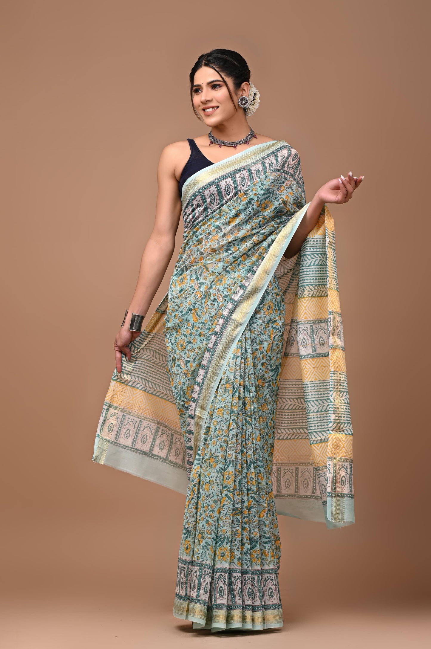 Exclusive Hand Block Printed Maheshwari Silk Saree (SWSRMAH01)