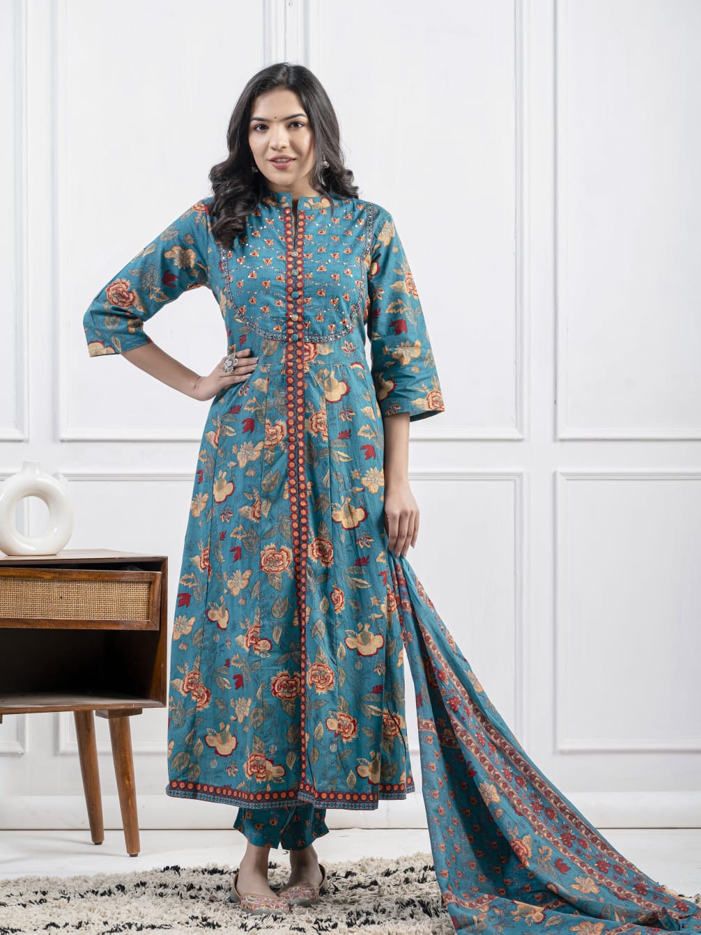 New Cotton Festival Collection In Pure Cotton With Hand And Adda mirror Work kurti And pant Dupatta Set (WARED410)