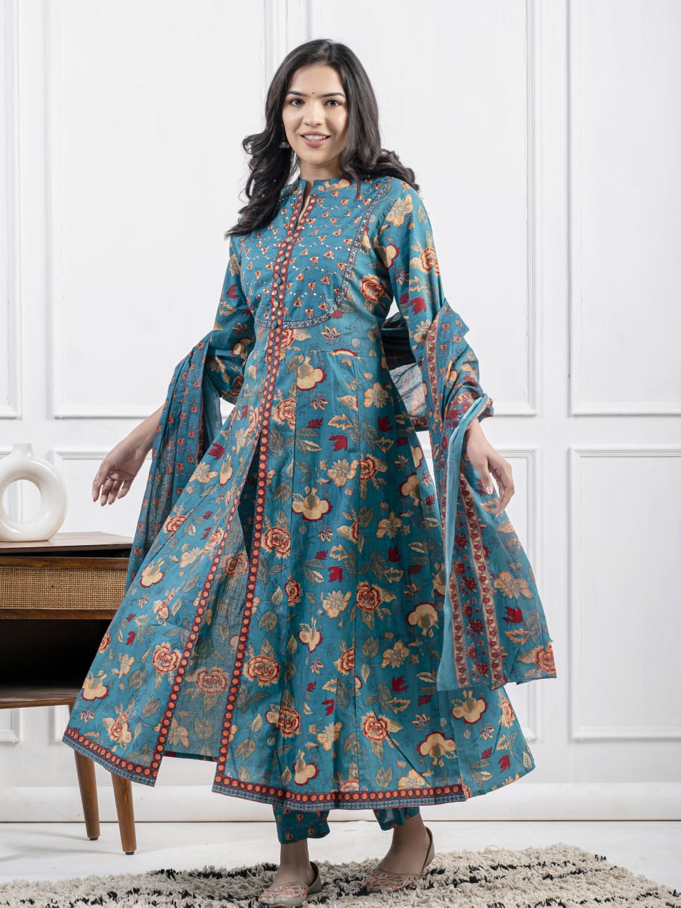 New Cotton Festival Collection In Pure Cotton With Hand And Adda mirror Work kurti And pant Dupatta Set (WARED410)