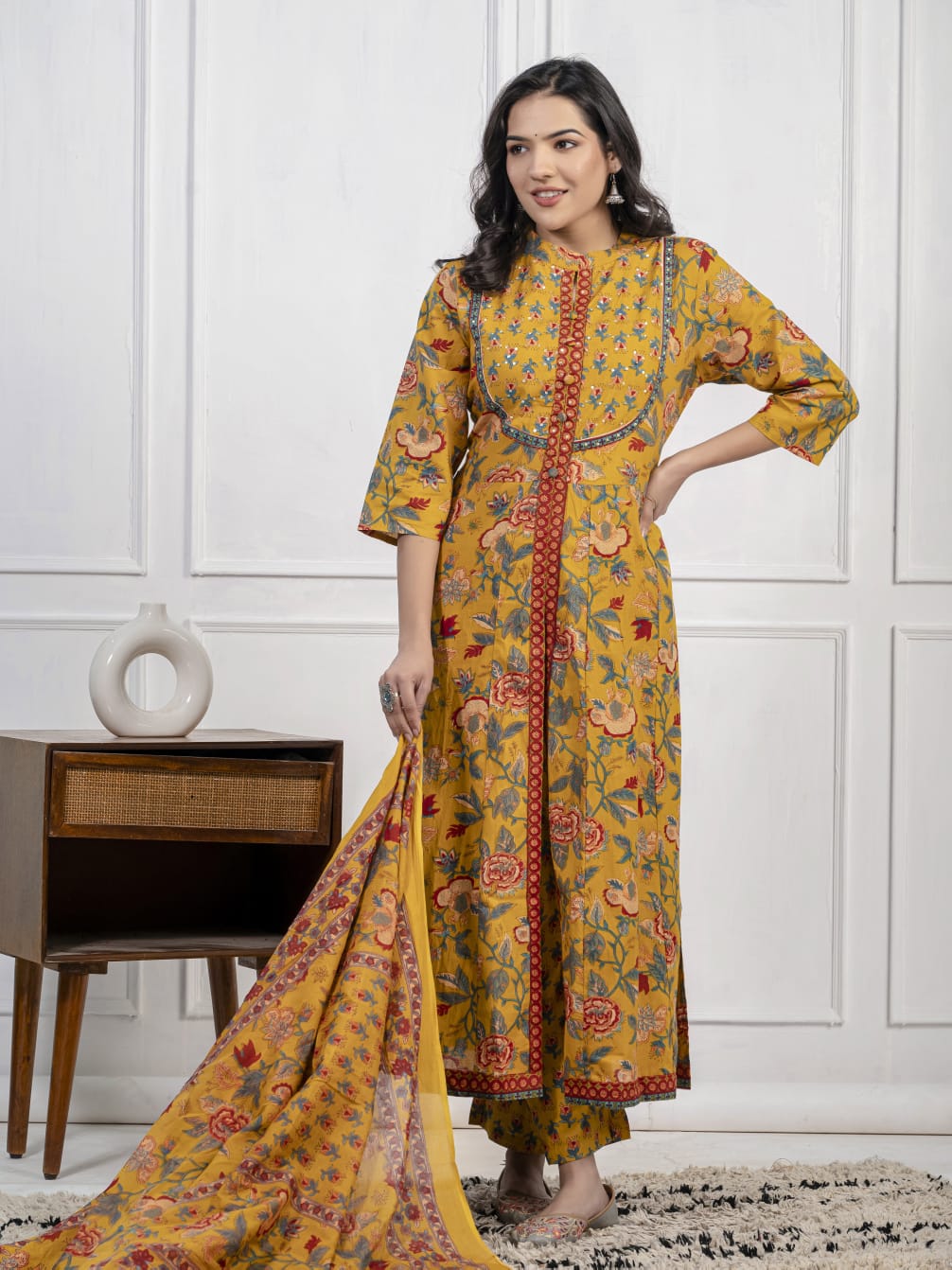 New Cotton Festival Collection In Pure Cotton With Hand And Adda mirror Work kurti And pant Dupatta Set (WARED409)