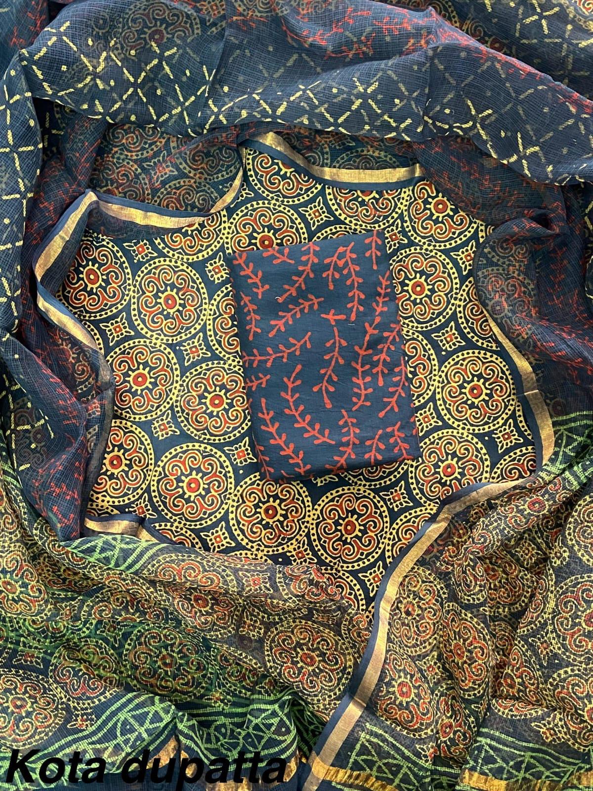 Suits Wala Hand Block Print Cotton Suit Set with Kota Doria Dupatta (WAKOTMU52)