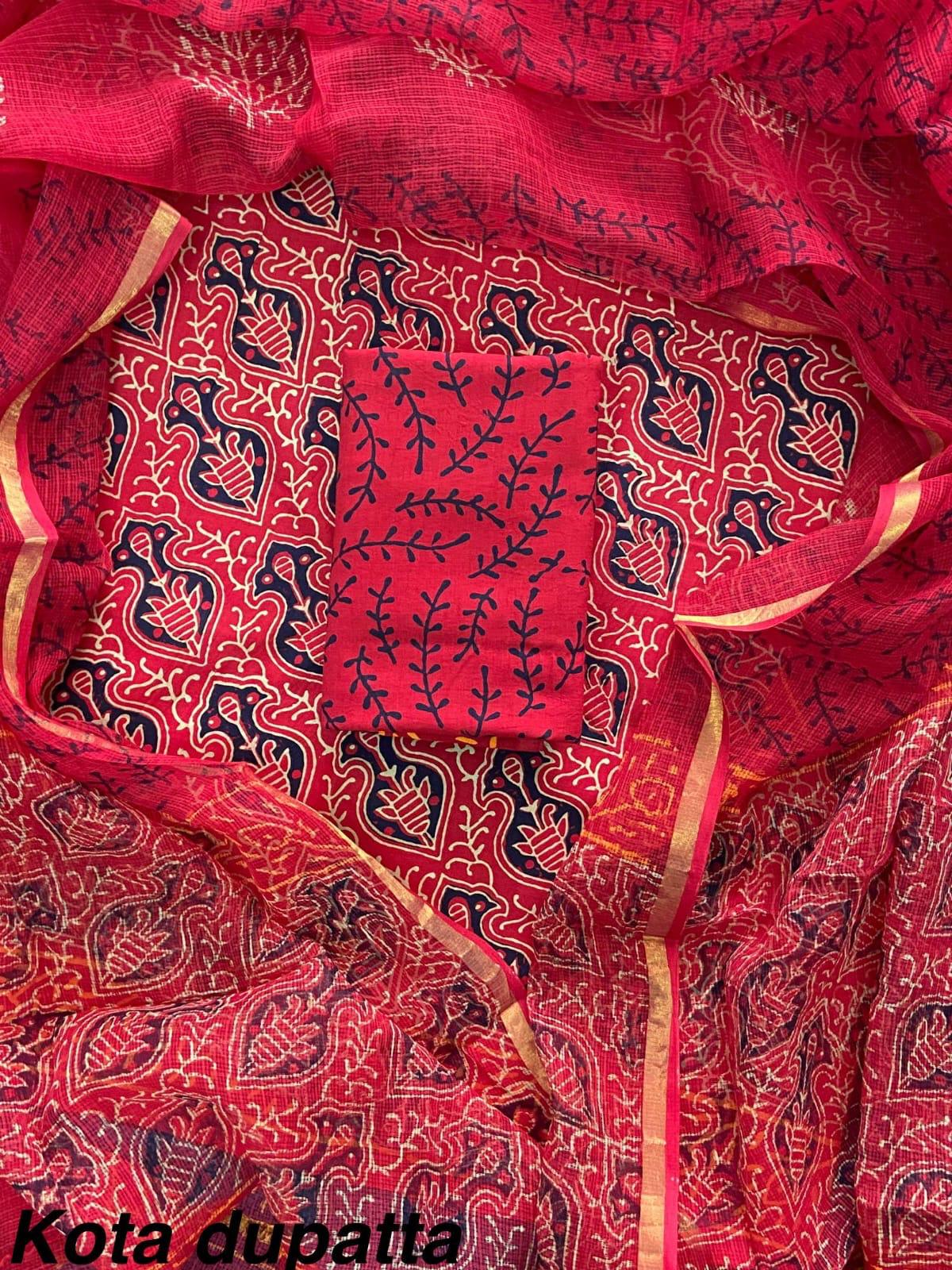 Excusive Hand Block Print Cotton Suit Set with Kota Doria Dupatta (WAKOTMU50)