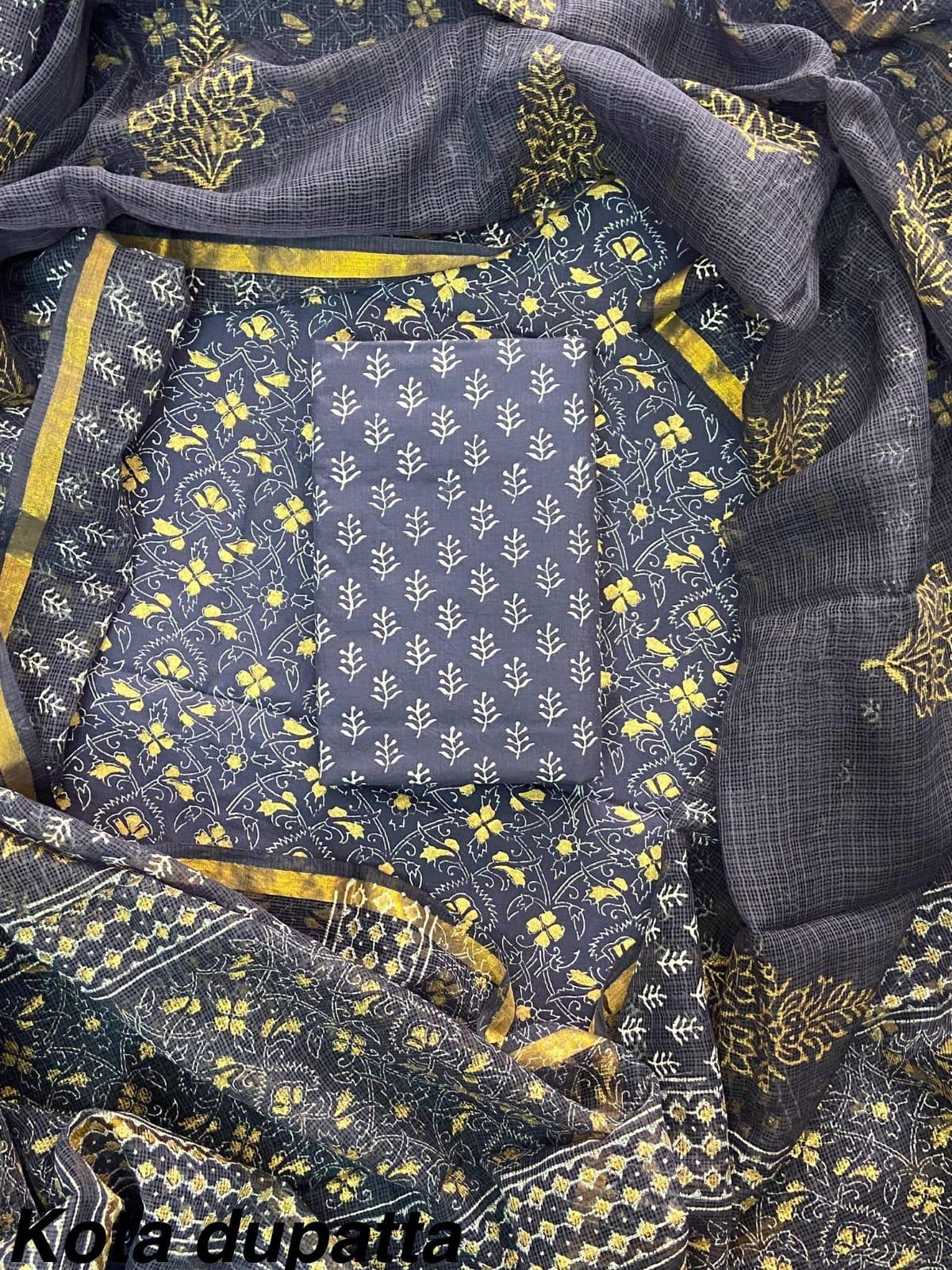 Copy of Excusive Hand Block Print Cotton Suit Set with Kota Doria Dupatta (WAKOTMU49)