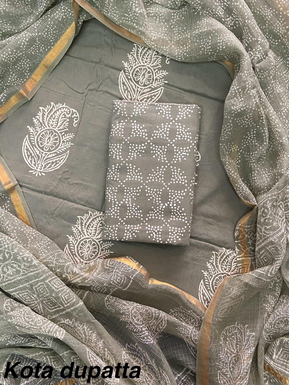 Excusive Hand Block Print Cotton Suit Set with Kota Doria Dupatta (WAKOTMU47)
