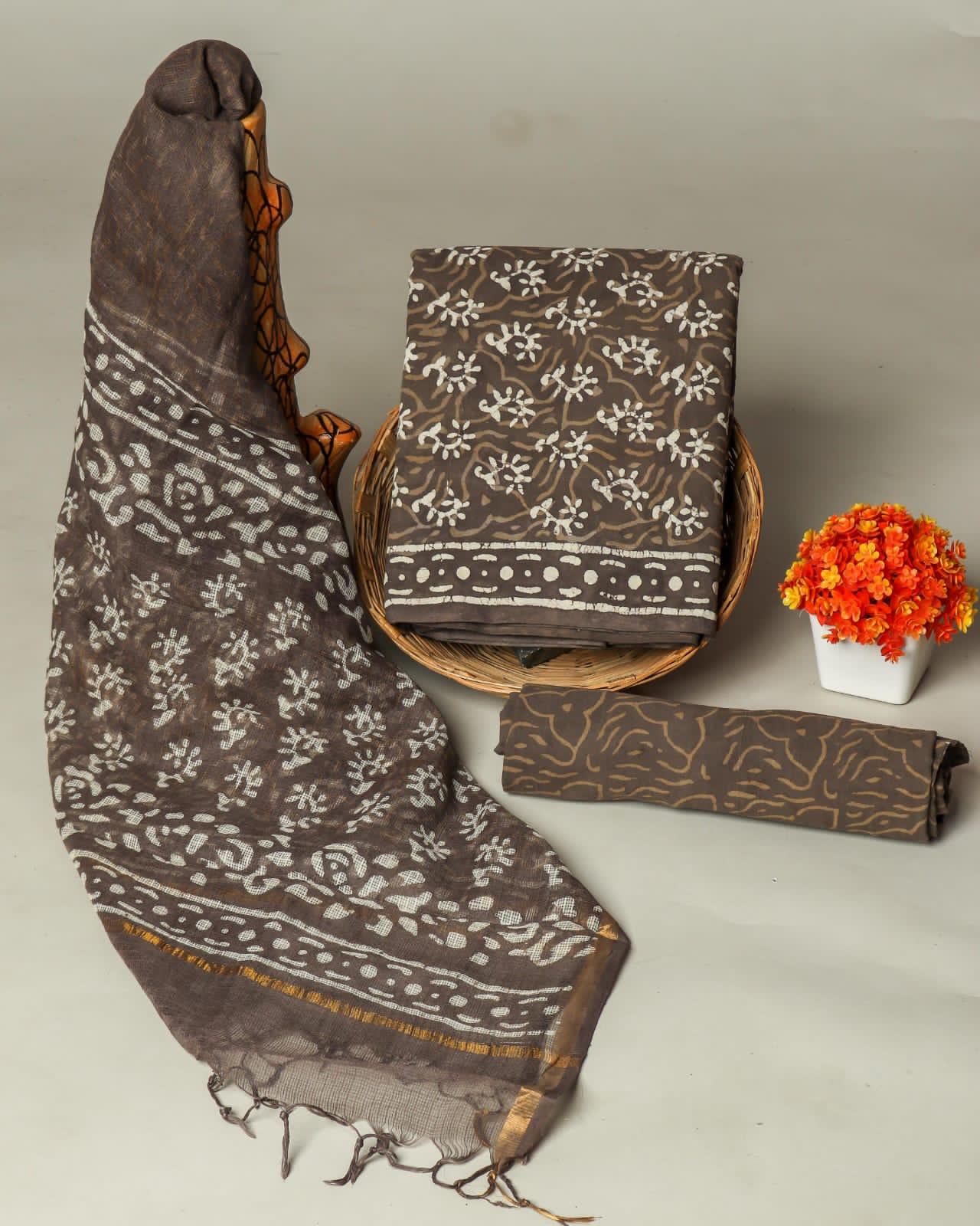 Excusive Hand Block Print Cotton Suit Set with Kota Doria Dupatta (WAKOTMU43)