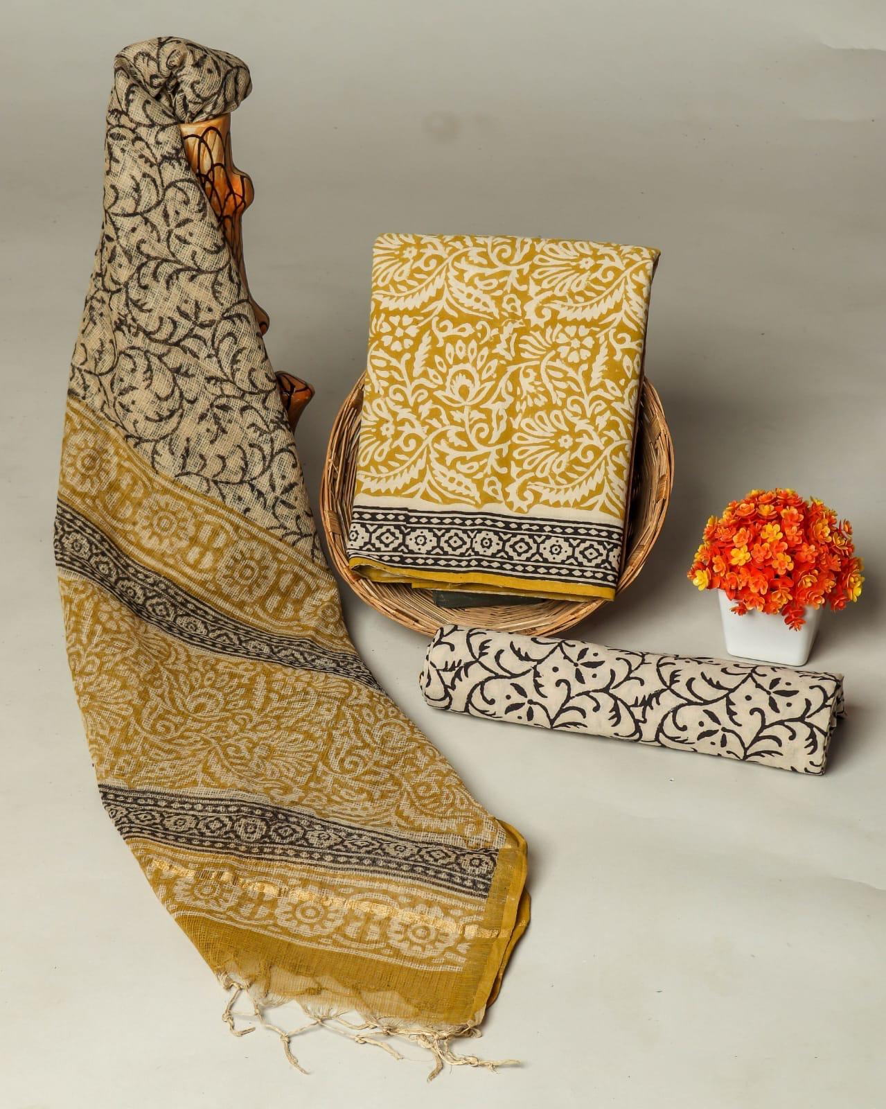 Excusive Hand Block Print Cotton Suit Set with Kota Doria Dupatta (WAKOTMU41)
