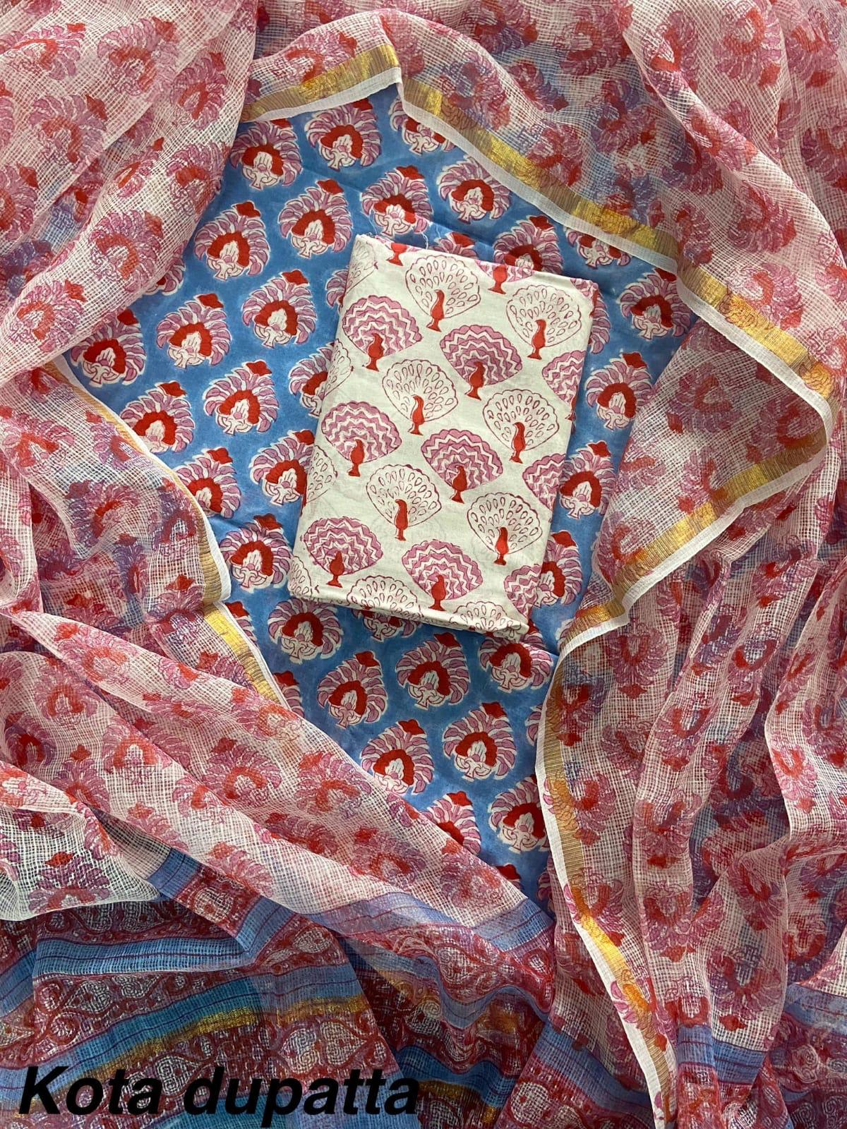 DESIGNER HAND BLOCK PRINT COTTON SUIT SET WITH KOTA DORIA DUPATTA (WAKOTMU14)
