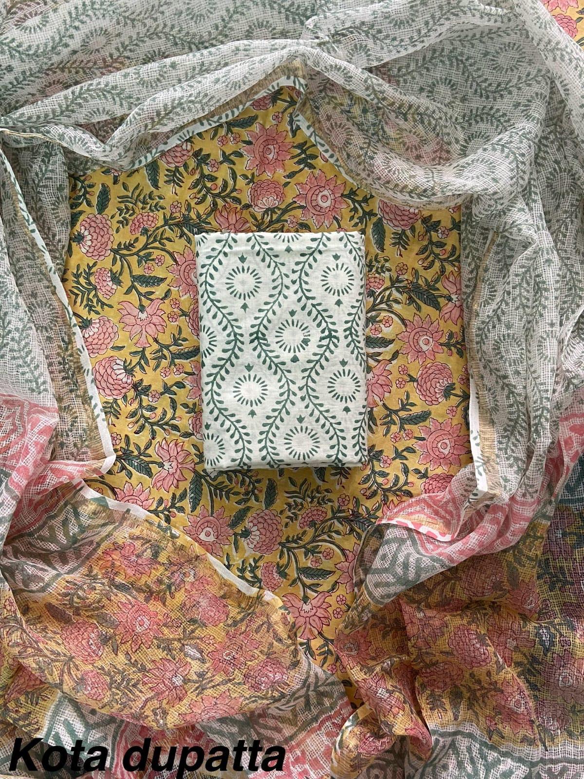 DESIGNER HAND BLOCK PRINT COTTON SUIT SET WITH KOTA DORIA DUPATTA (WAKOTMU13)