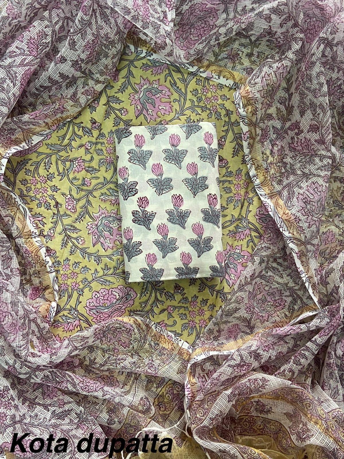 DESIGNER HAND BLOCK PRINT COTTON SUIT SET WITH KOTA DORIA DUPATTA(WAKOTMU10)
