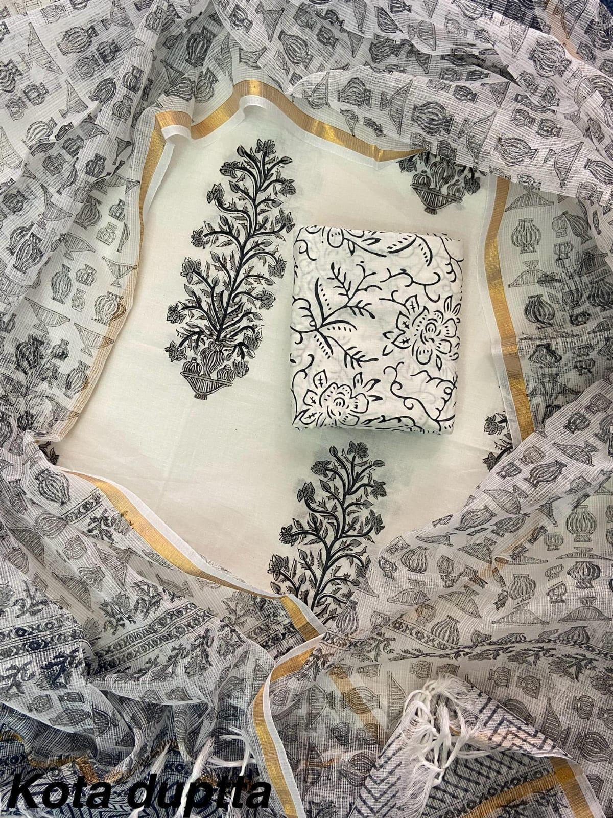 Suits Wala Hand Block Print Cotton Suit Set with Kota Doria Dupatta(WAKOTMU03)