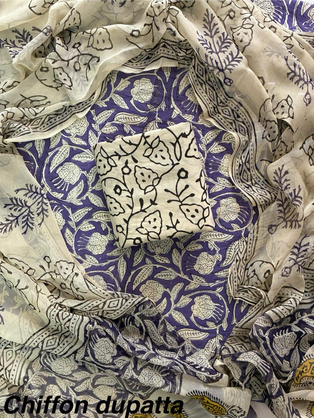 New Premium Hand Block Print Cotton Suit Set with Chiffon Dupatta(WACFCOTMU60)