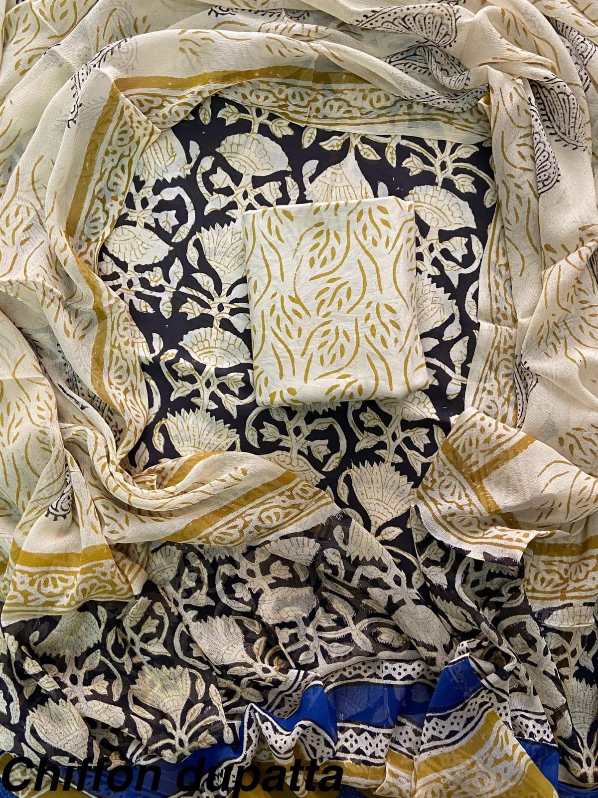 New Premium Hand Block Print Cotton Suit Set with Chiffon Dupatta(WACFCOTMU56)