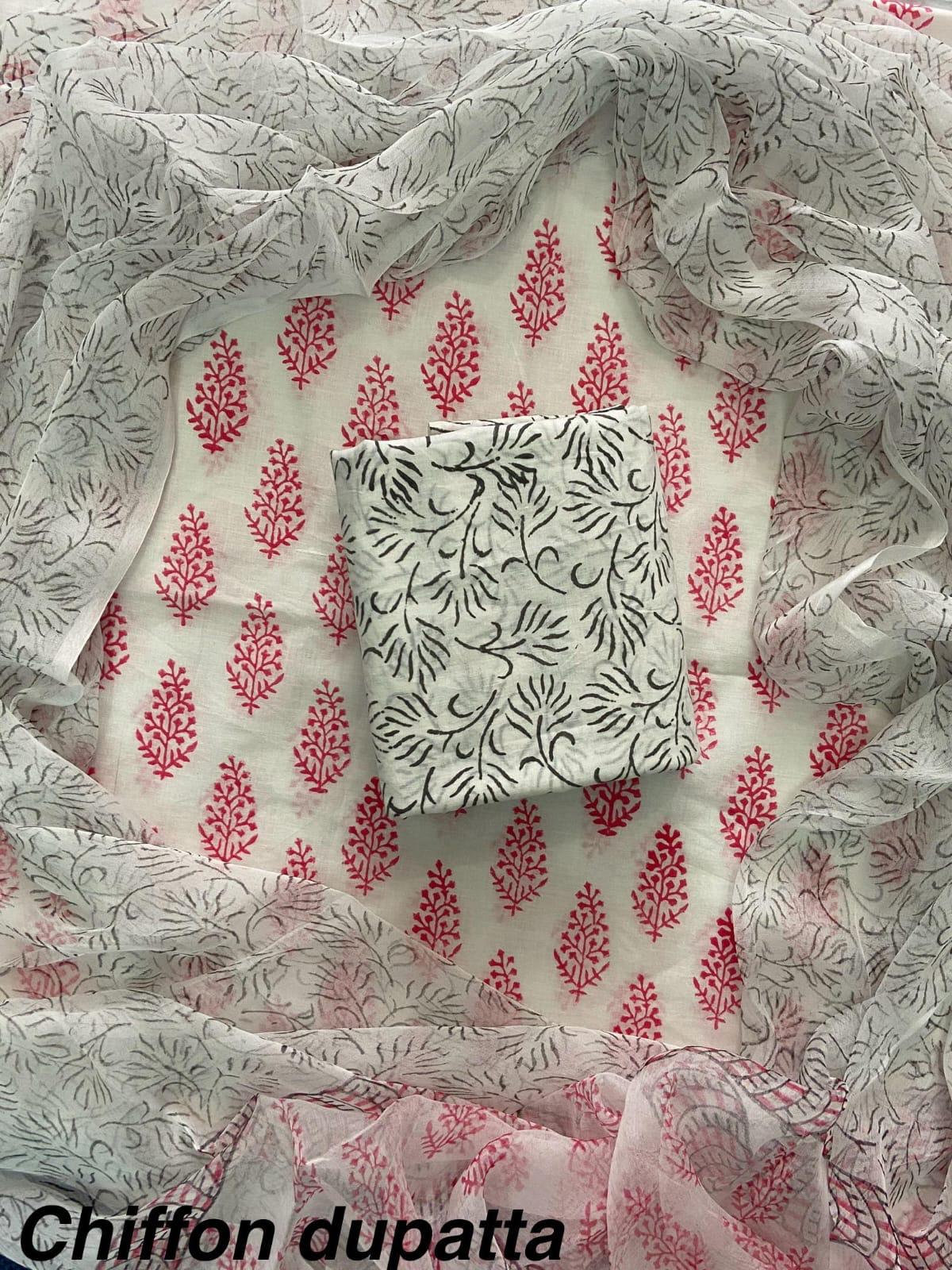 JAAL HAND BLOCK PRINT COTTON SUIT SET WITH CHIFFON DUPATTA(WACFCOTMU37)