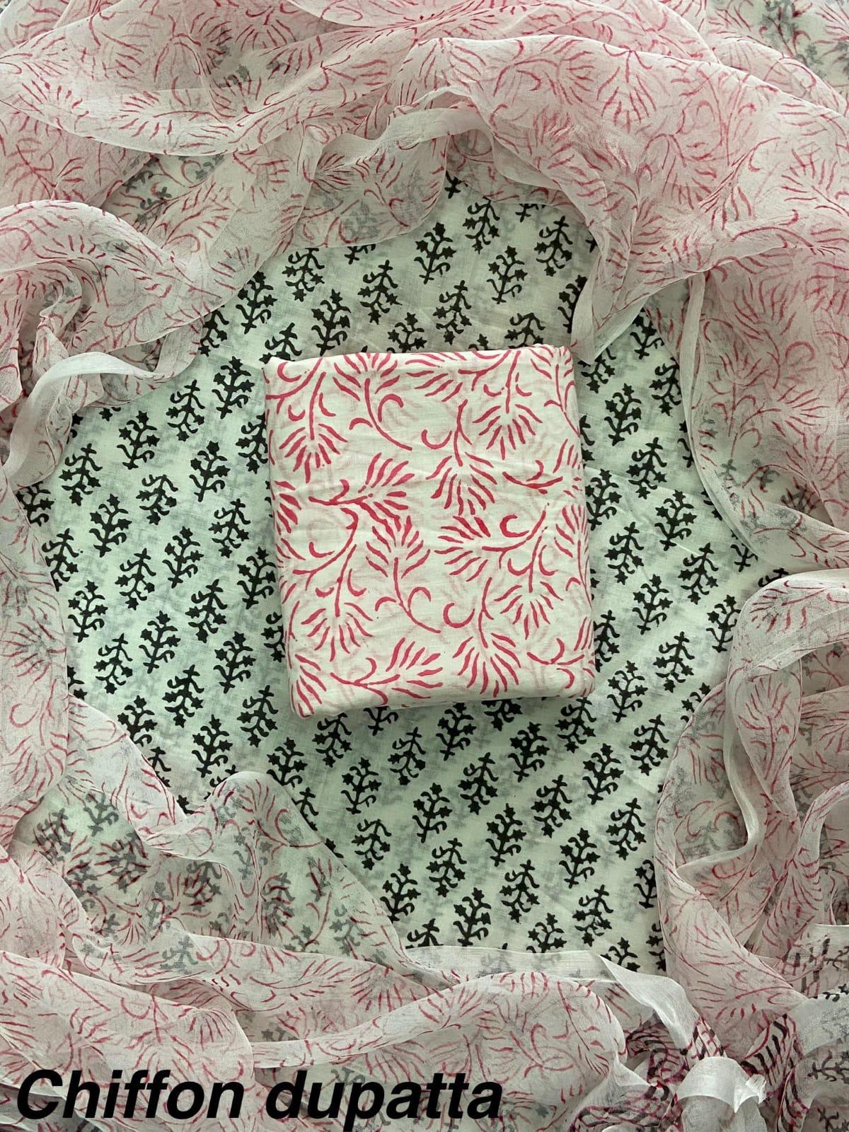 DESIGNER HAND BLOCK PRINT COTTON SUITSET WITH CHIFFON DUPATTA(WACFCOTMU24)