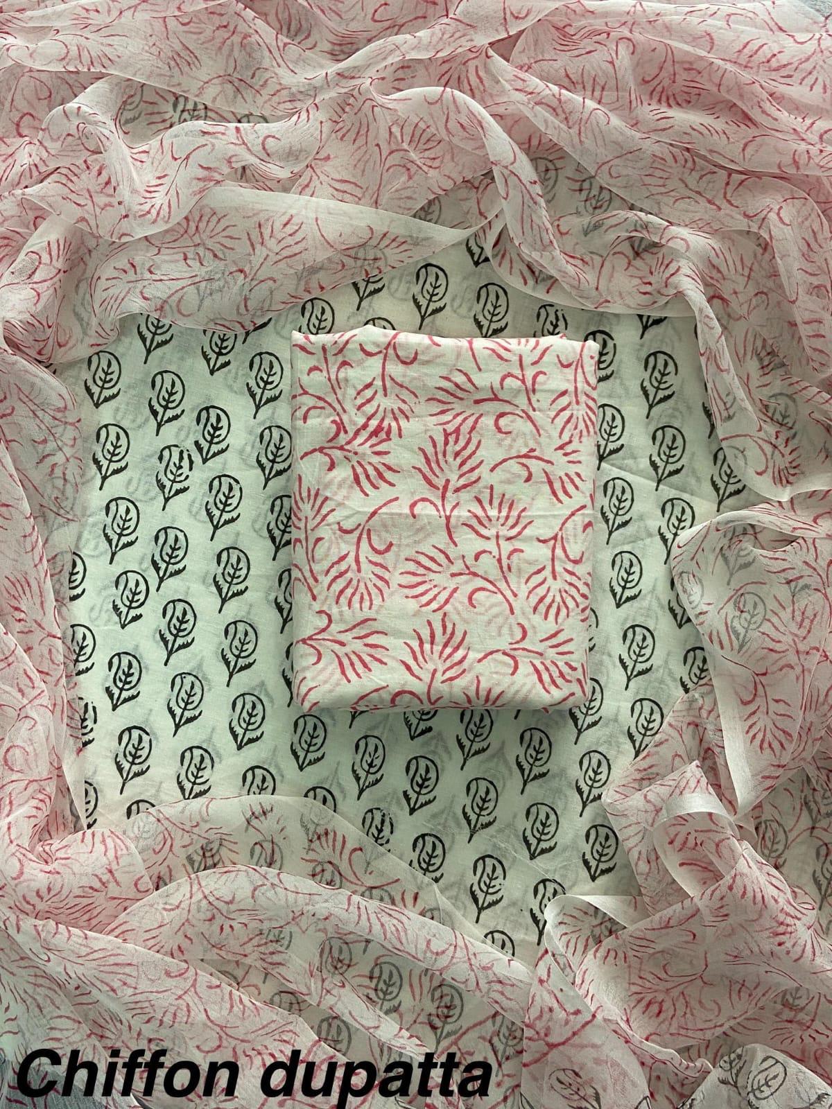 New Premium Hand Block Print Cotton Suit Set with Chiffon Dupatta(WACFCOTMU19)