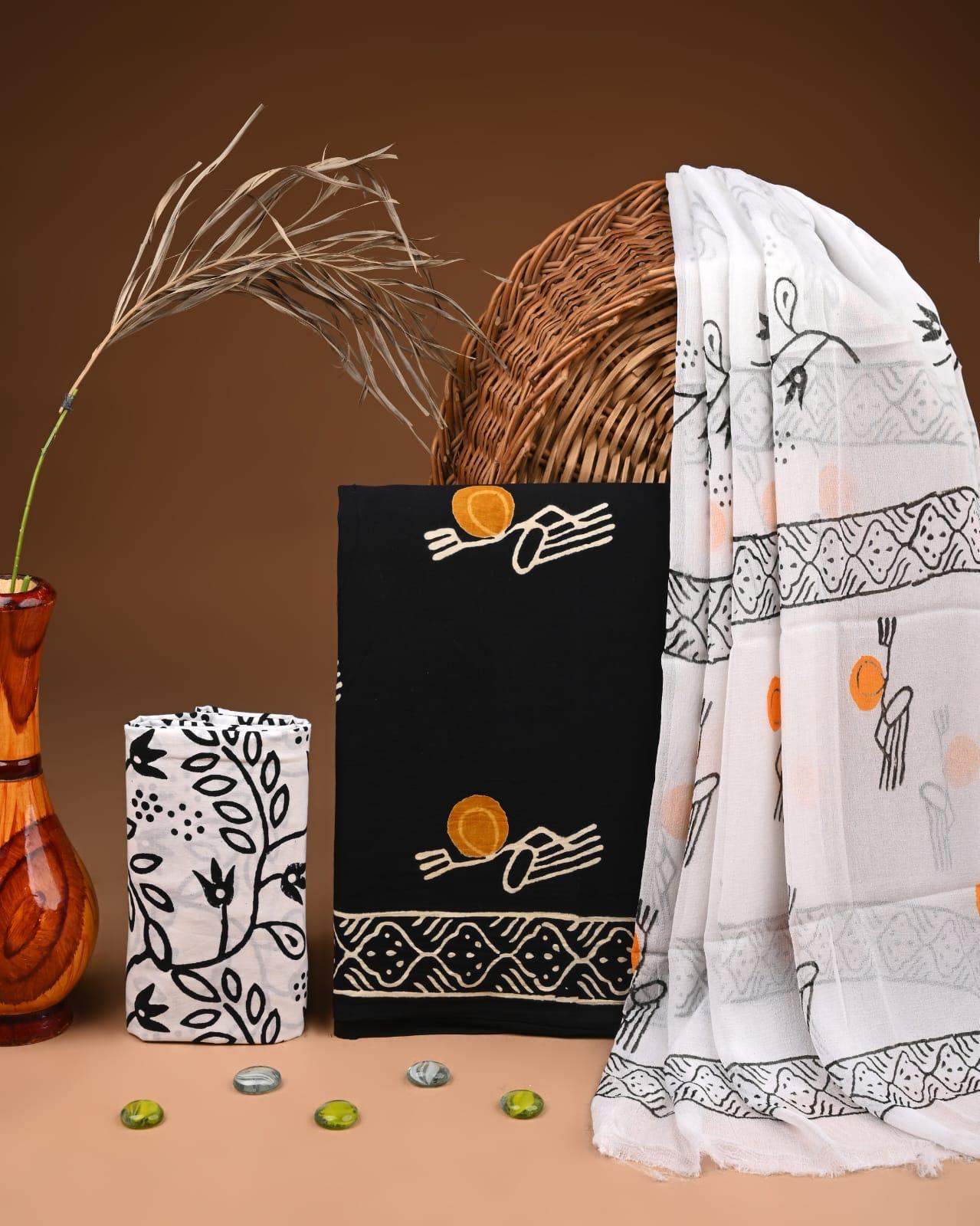 JAAL HAND BLOCK PRINT COTTON SUIT SET WITH CHIFFON DUPATTA(WACFCOTMU101)