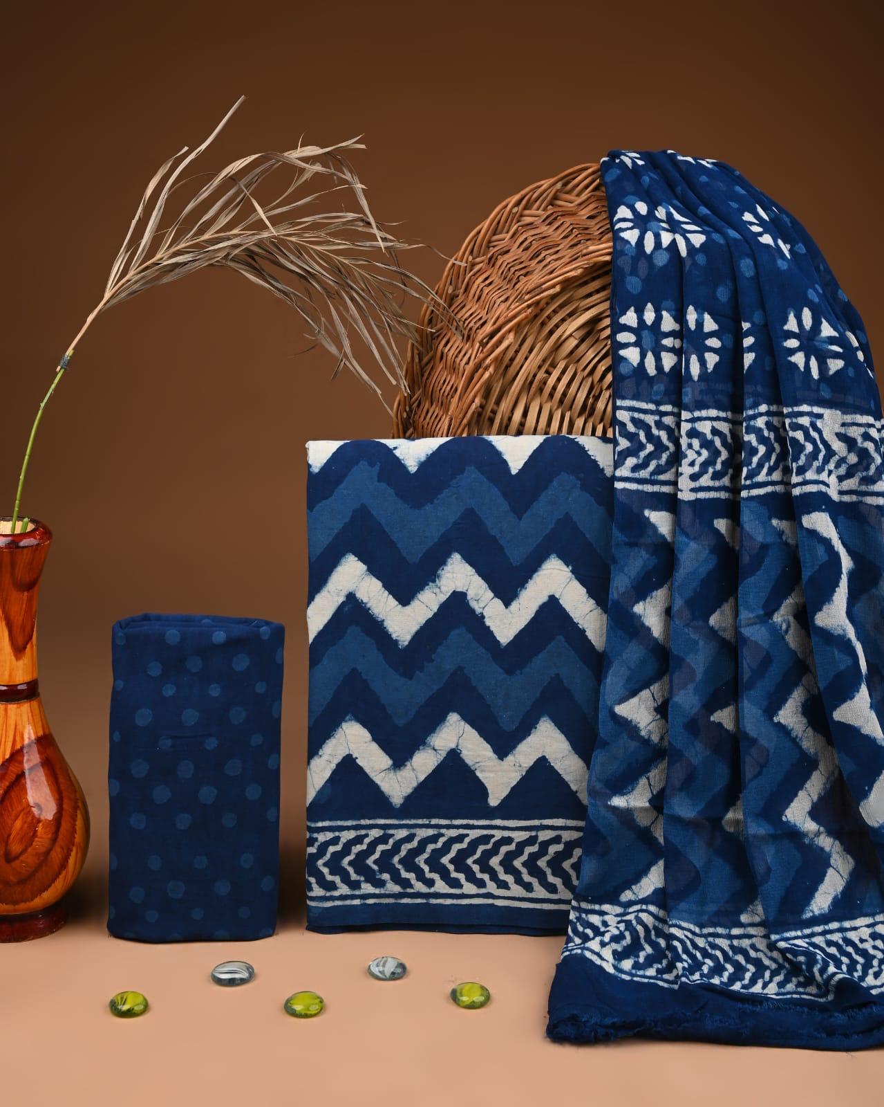 JAAL HAND BLOCK PRINT COTTON SUIT SET WITH CHIFFON DUPATTA(WACFCOTMU95)
