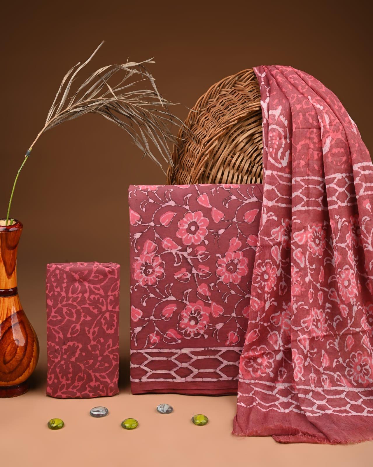 JAAL HAND BLOCK PRINT COTTON SUIT SET WITH CHIFFON DUPATTA(WACFCOTMU94)