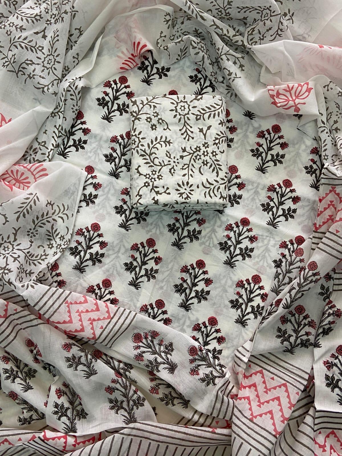 Designer Hand Block Print Cotton Suit Set with Mulmul Dupatta(WACOTMU117)