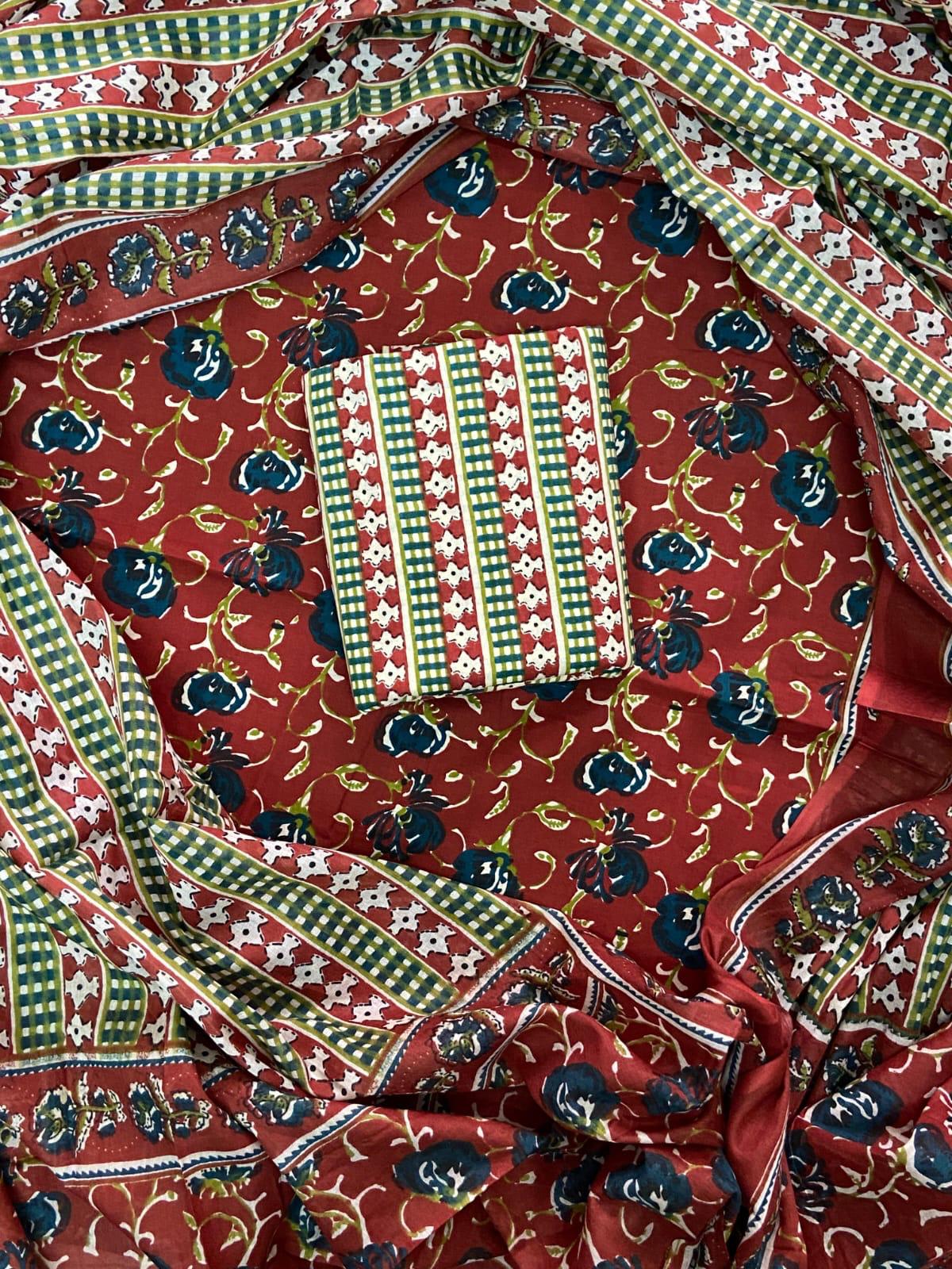 Designer Hand Block Print Cotton Suit Set with Mulmul Dupatta(WACOTMU116)