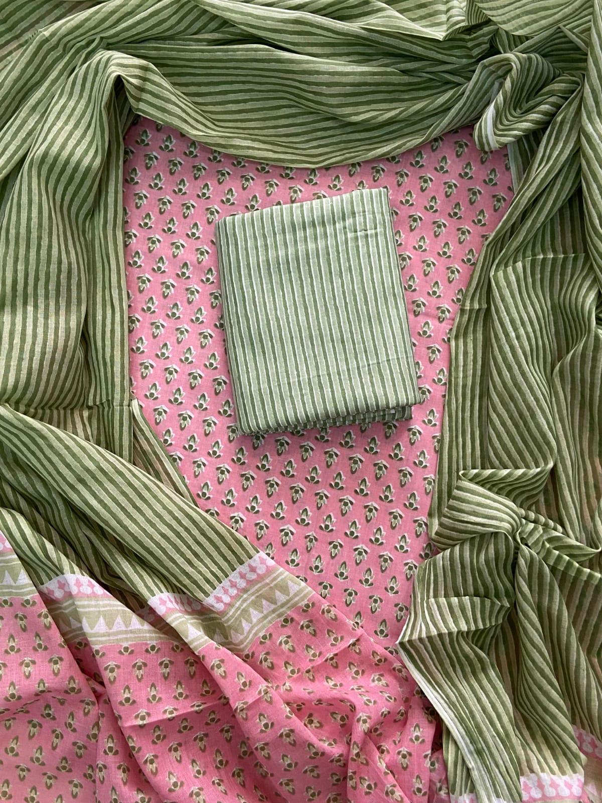 Designer Hand Block Print Cotton Suit Set with Mulmul Dupatta(WACOTMU113)