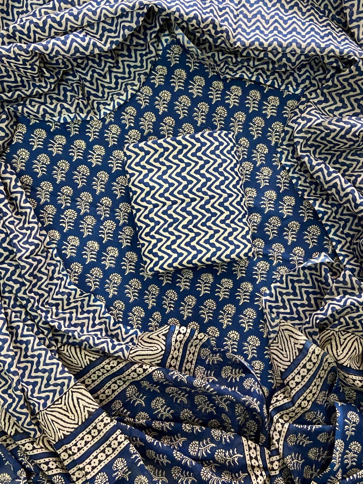 Designer Hand Block Print Cotton Suit Set with Mulmul Dupatta(WACOTMU111)