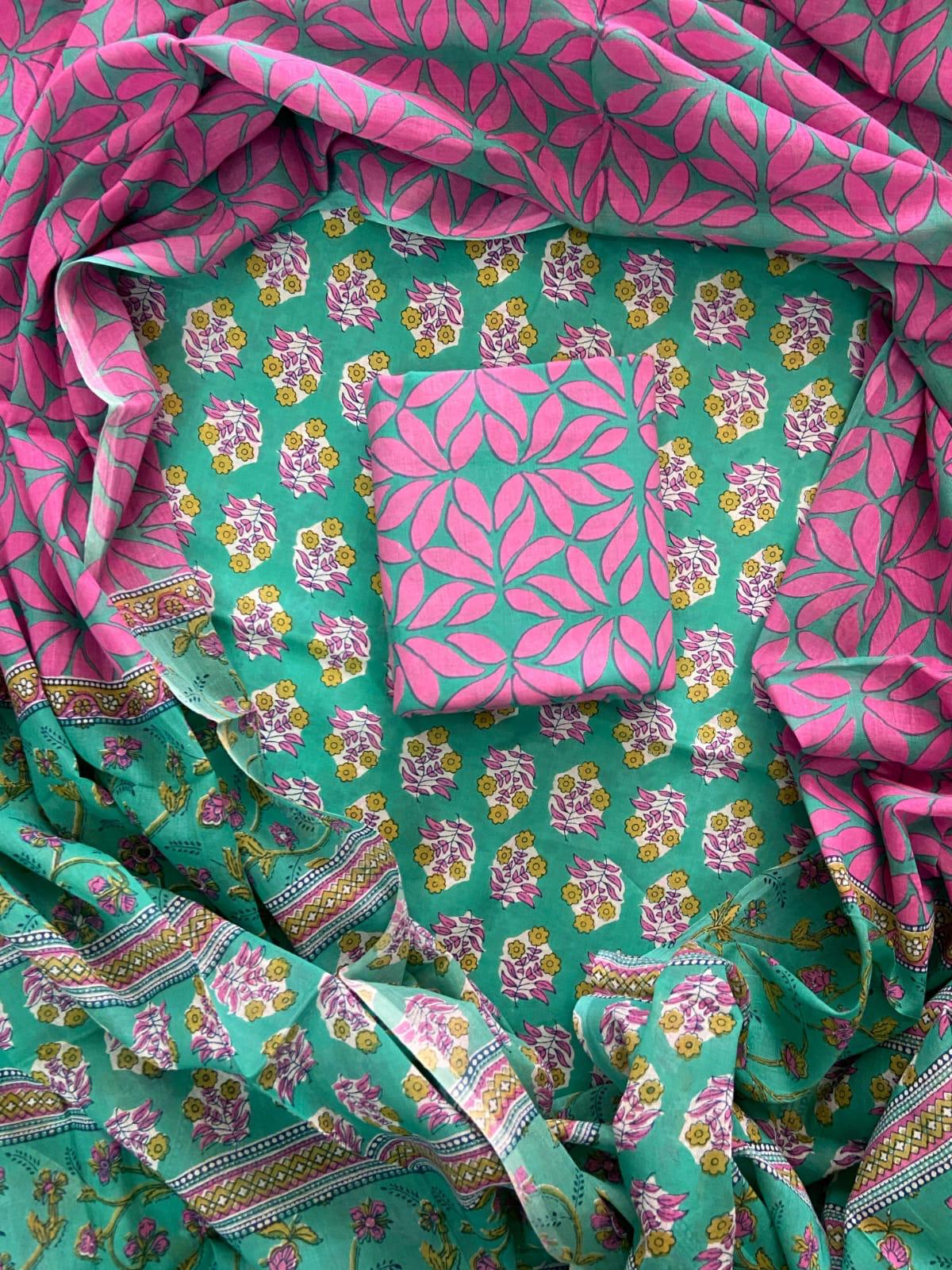 ELEGANT HAND BLOCK PRINT COTTON SUIT SET WITH MULMUL DUPATTA(WACOTMU86)