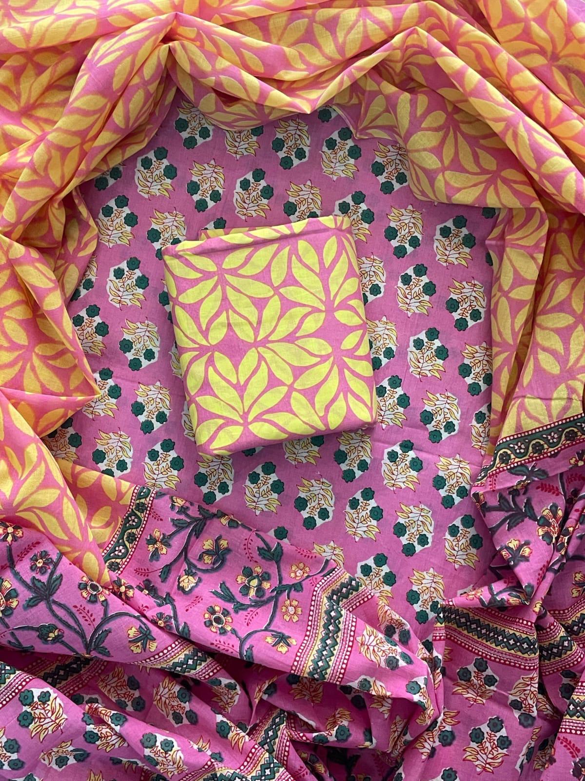 ELEGANT HAND BLOCK PRINT COTTON SUIT SET WITH MULMUL DUPATTA(WACOTMU84)