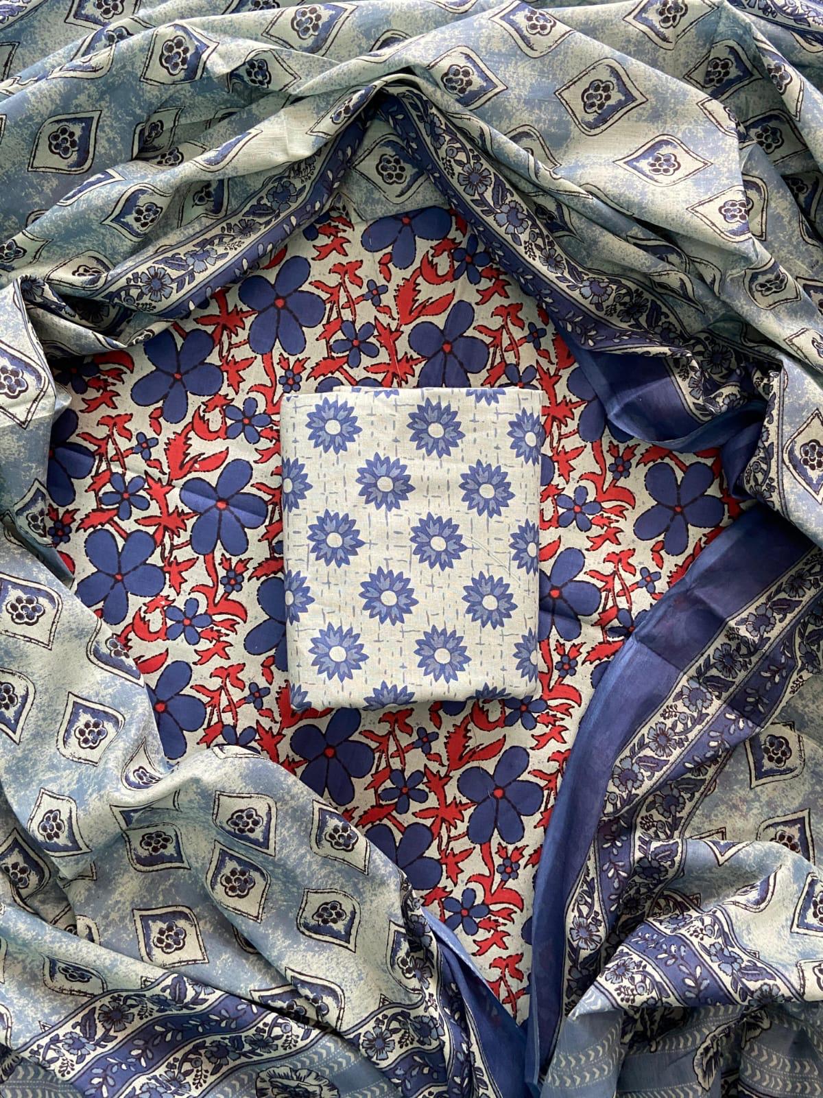 ELEGANT HAND BLOCK PRINT COTTON SUIT SET WITH MULMUL DUPATTA(WACOTMU58)