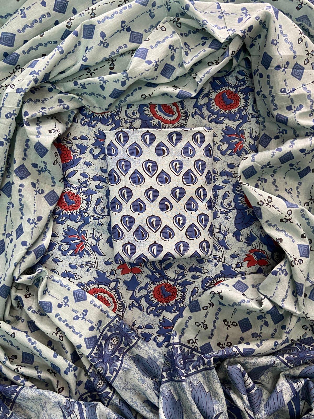 ELEGANT HAND BLOCK PRINT COTTON SUIT SET WITH MULMUL DUPATTA(WACOTMU55)