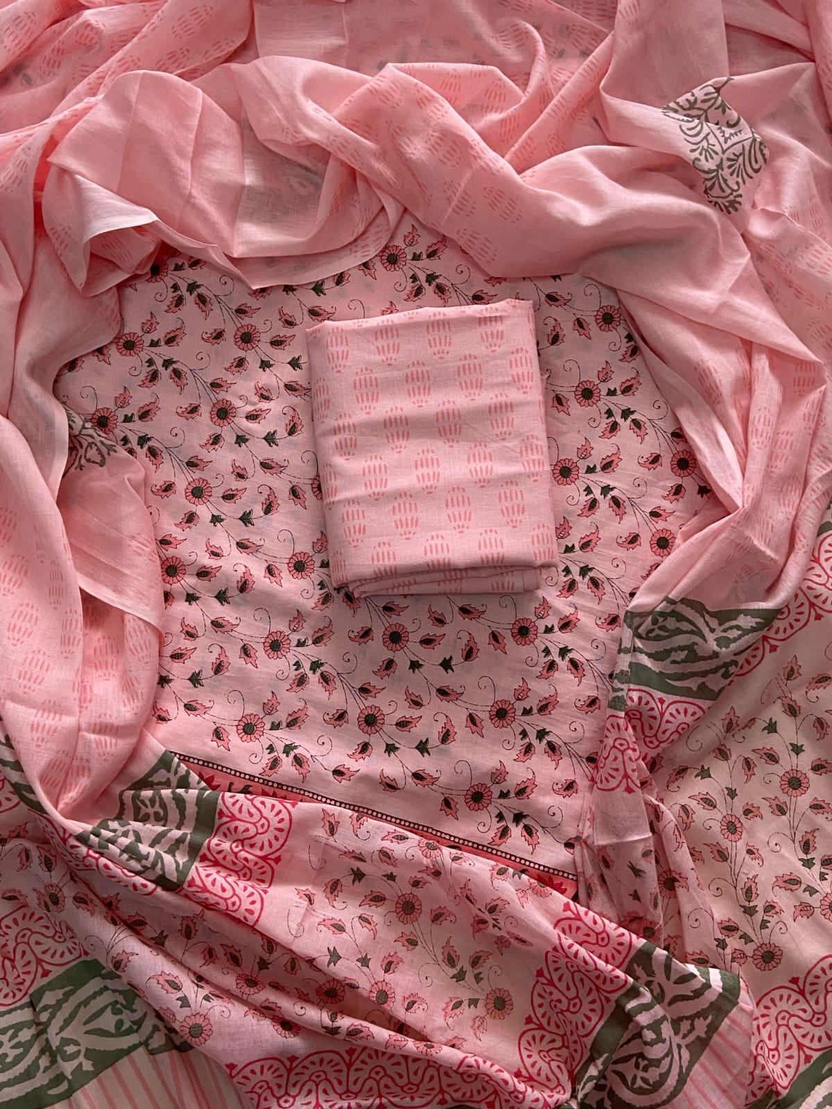 ELEGANT HAND BLOCK PRINT COTTON SUIT SET WITH MULMUL DUPATTA(WACOTMU48)