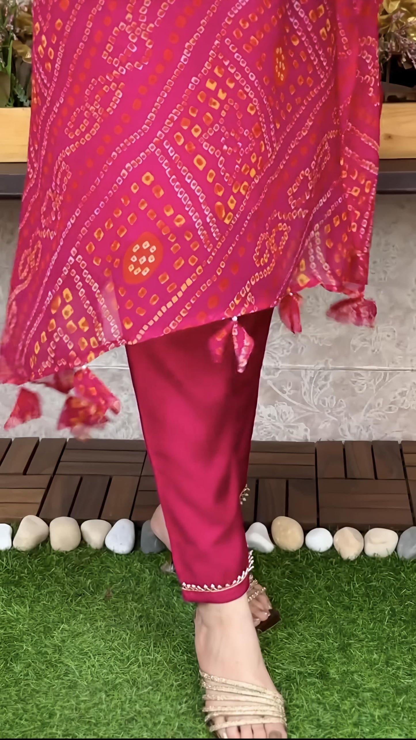 Export Chinnon Premium Bhandej Hand Work Kaftan Pattern Kurti With Premium Pant At Manufacturing Rate (WACD126)01