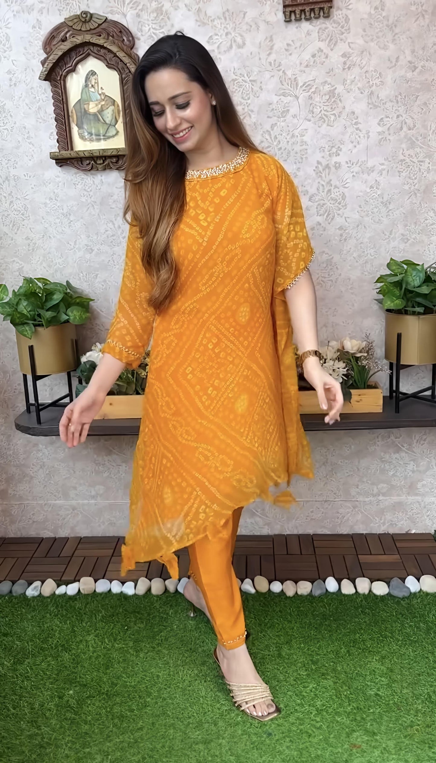 Export Chinnon Premium Bhandej Hand Work Kaftan Pattern Kurti With Premium Pant At Manufacturing Rate (WACD126)01