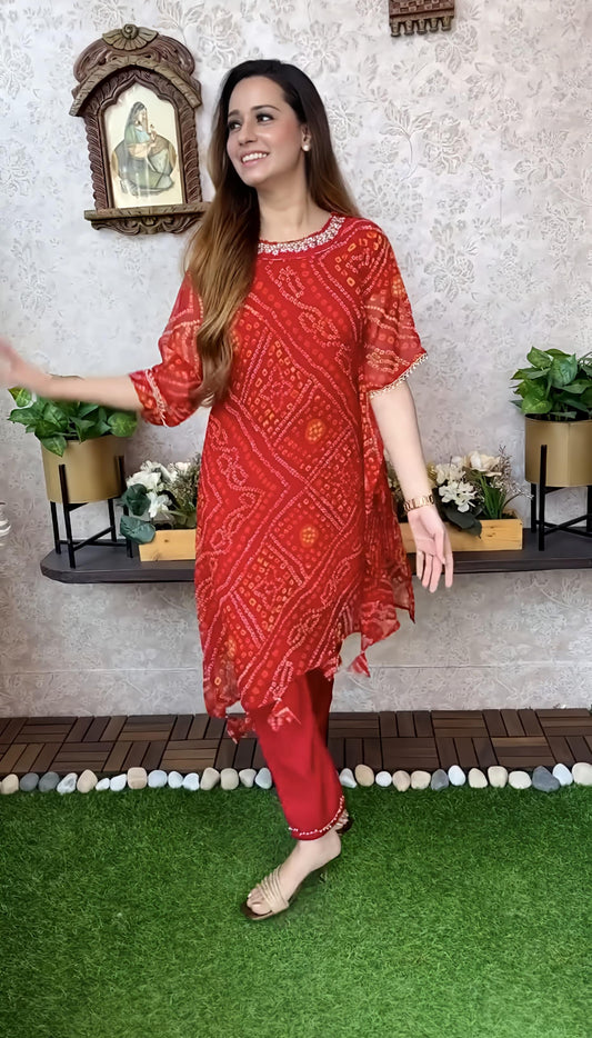 Export Chinnon Premium Bhandej Hand Work Kaftan Pattern Kurti With Premium Pant At Manufacturing Rate (WACD126)01