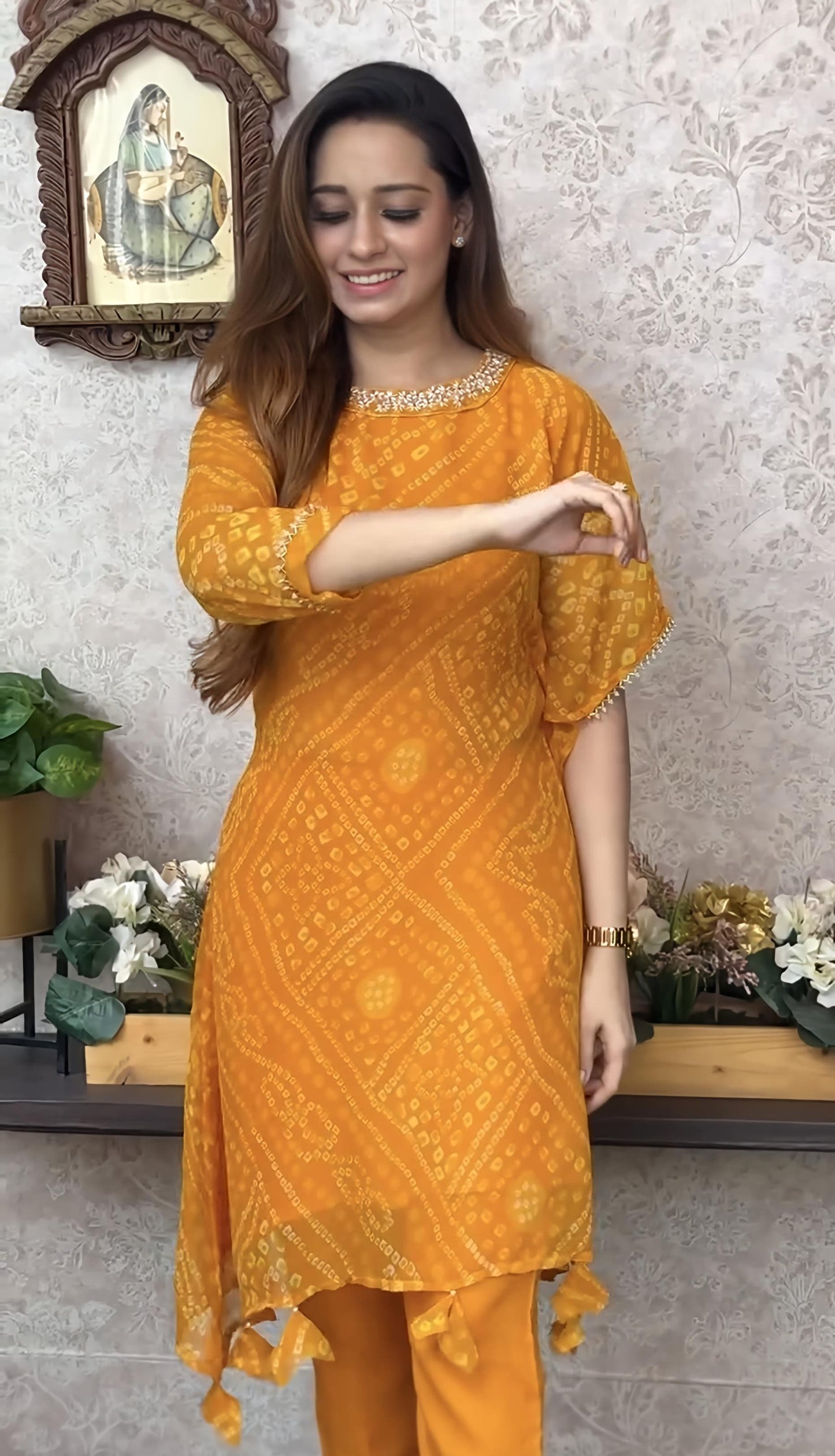Export Chinnon Premium Bhandej Hand Work Kaftan Pattern Kurti With Premium Pant At Manufacturing Rate (WACD126)01