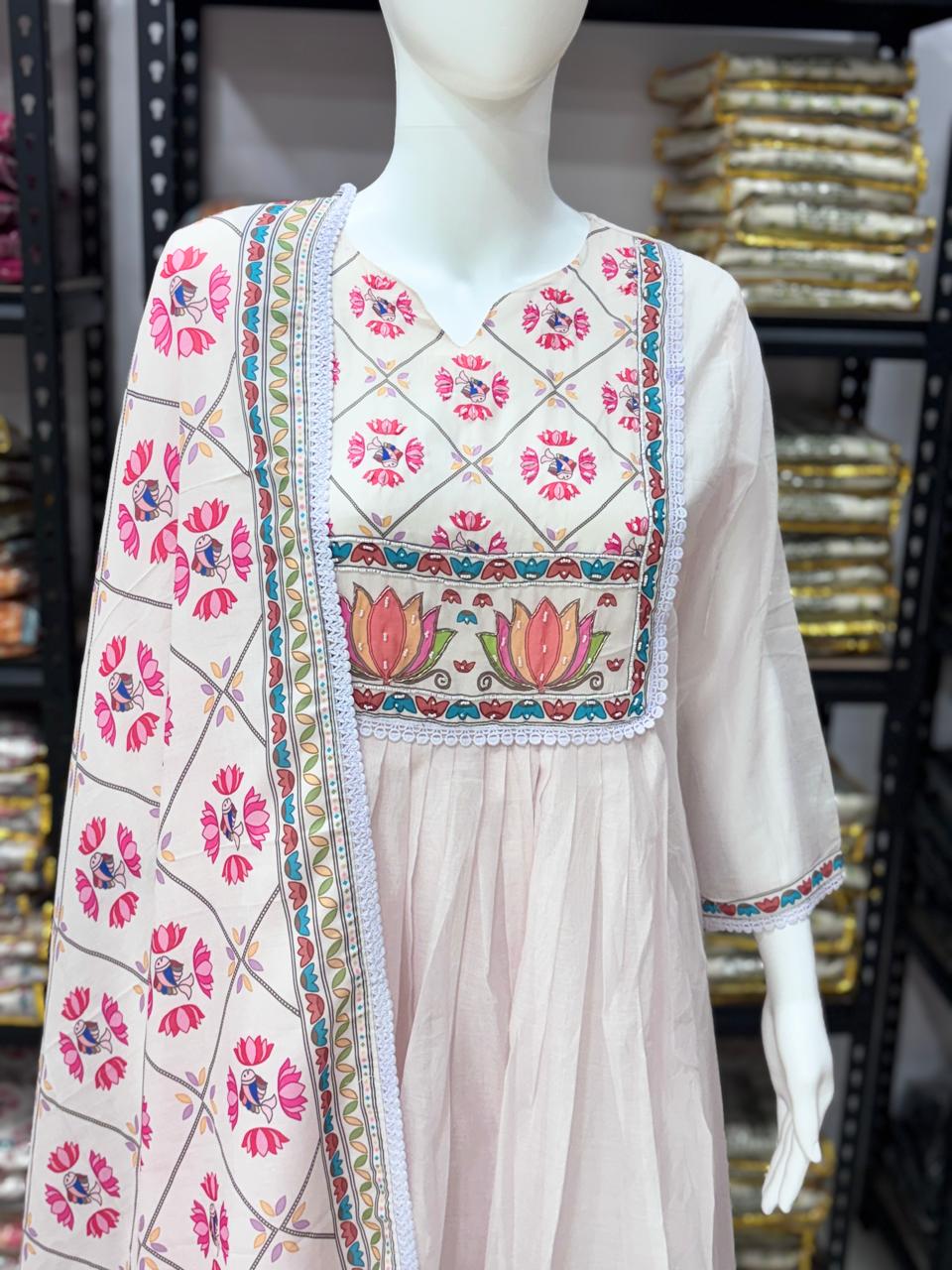 Premium Mul Chanderi 3 Pcs Gown Set (WARED484)