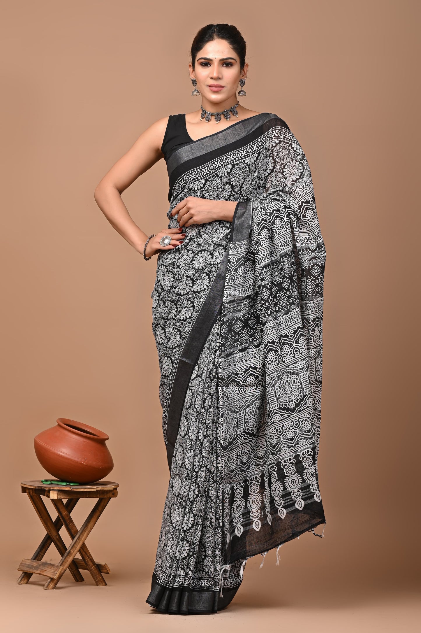 Hand Block Printed Linen Saree With Unstitched Blouse (SWSRLIL18)