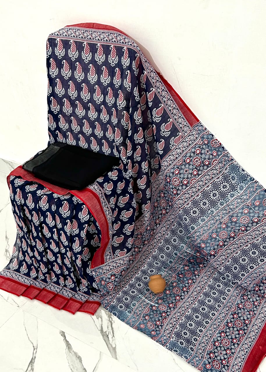 Hand Block Printed Linen Saree With Unstitched Blouse (SWSRLIL19)