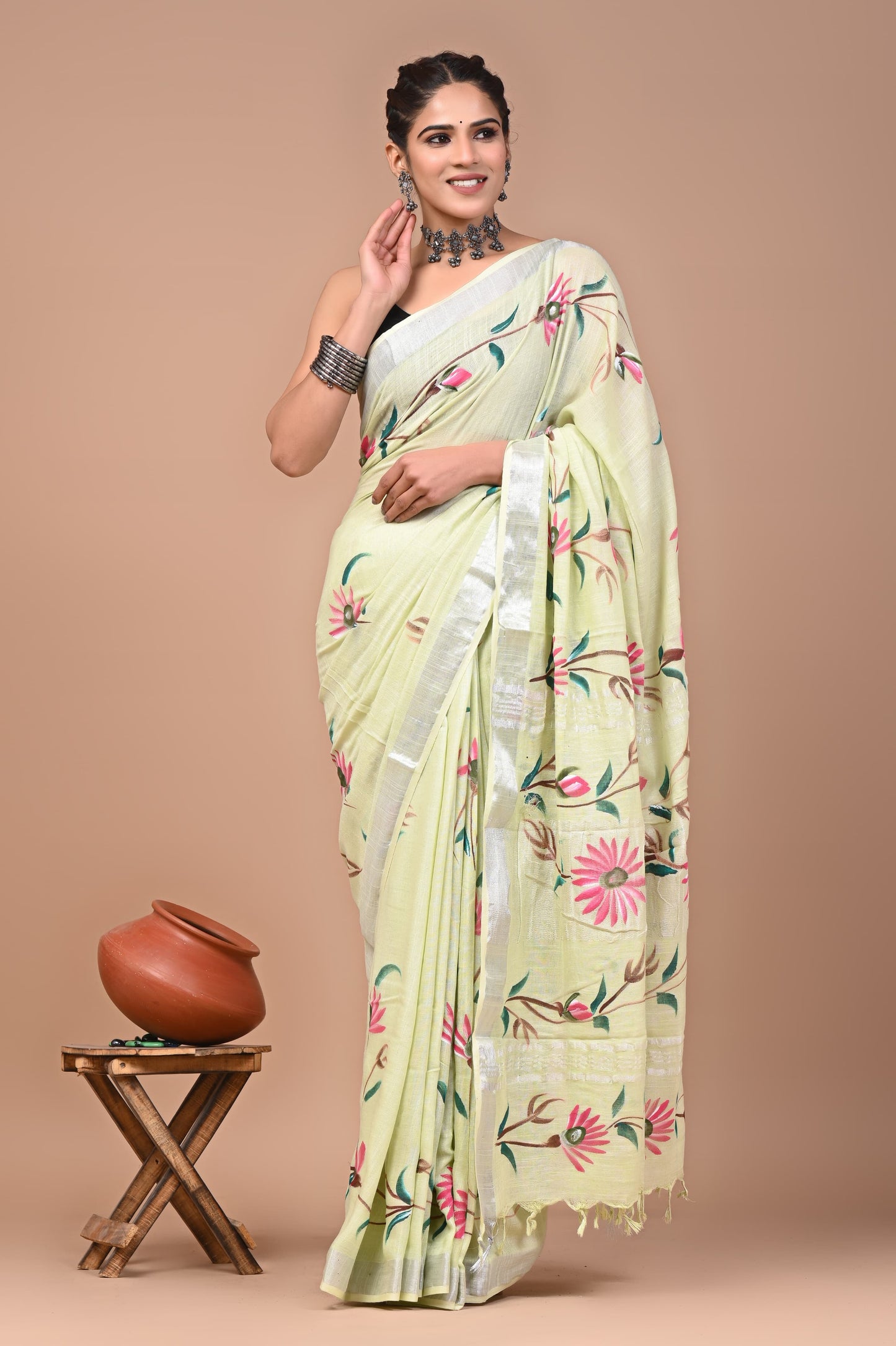 Hand Block Printed Linen Saree With Unstitched Blouse (SWSRLIL20)